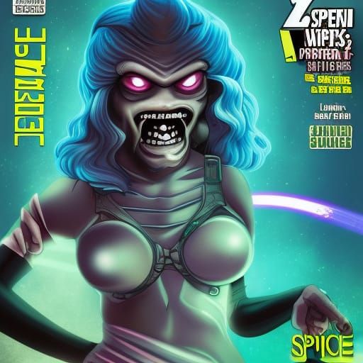 Laser weapon armed weapons space Pirate female space cadet comic book magazine cover mature pose she snake tongue alien ...