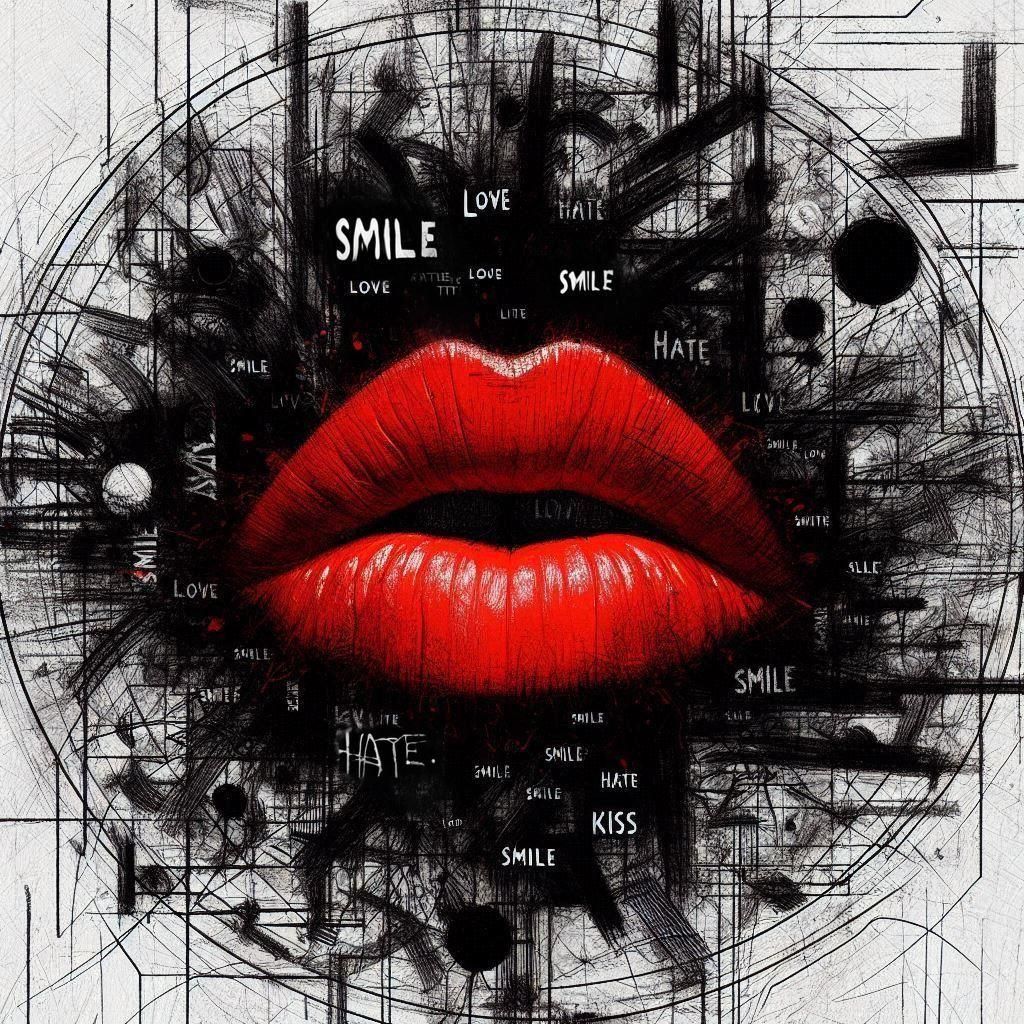 Intense Red Mouth Against Abstract Chaotic Background