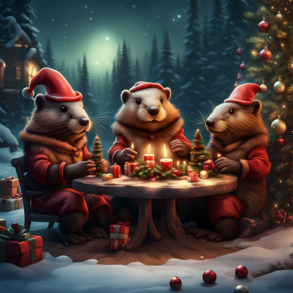Beaver Family Christmas Celebration: Detailed Fantasy Art