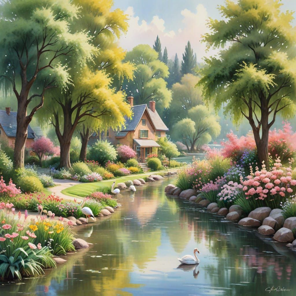 Idyllic Watercolor Village Scene with Blooming Gardens and R...