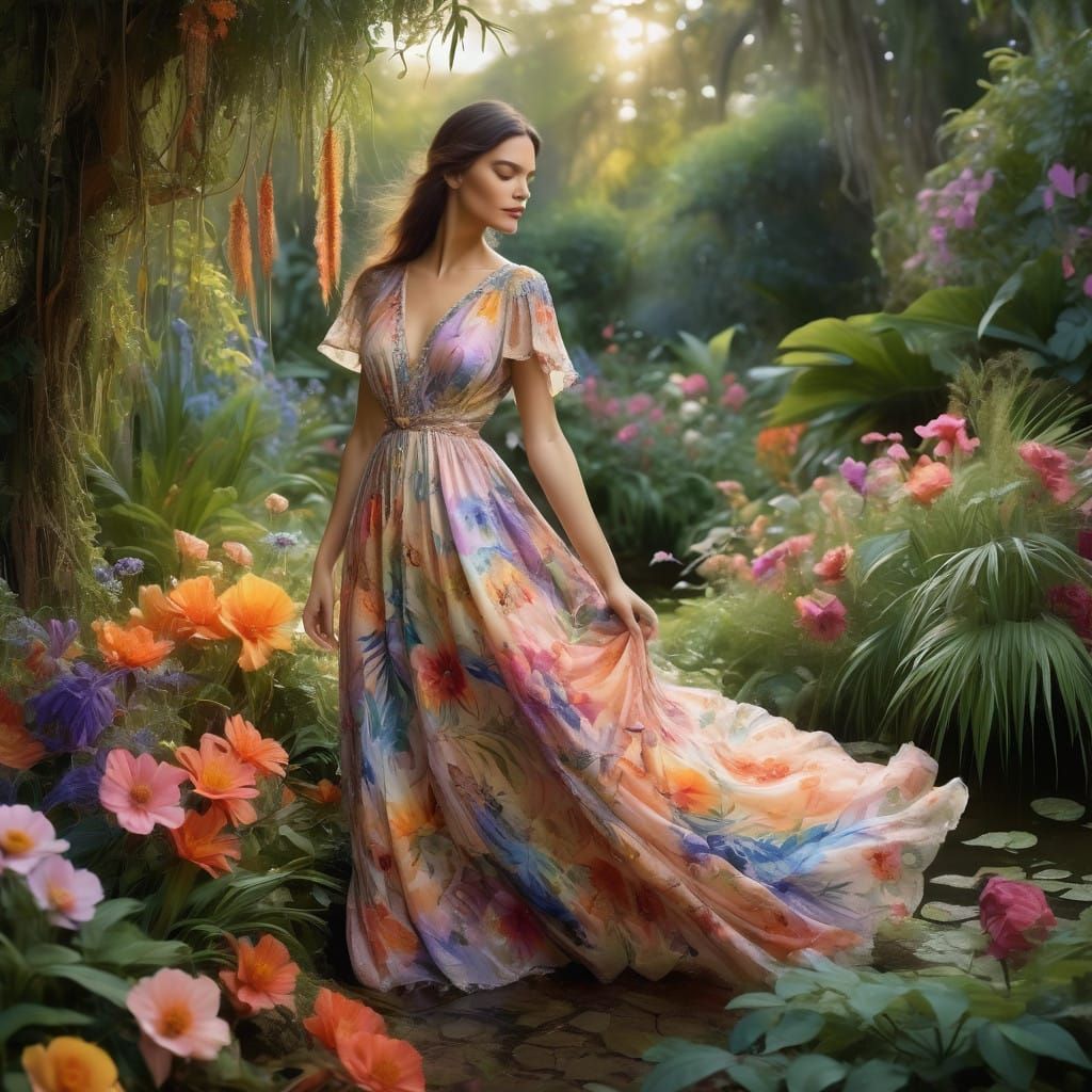 Ethereal Woman in Lush Garden Setting