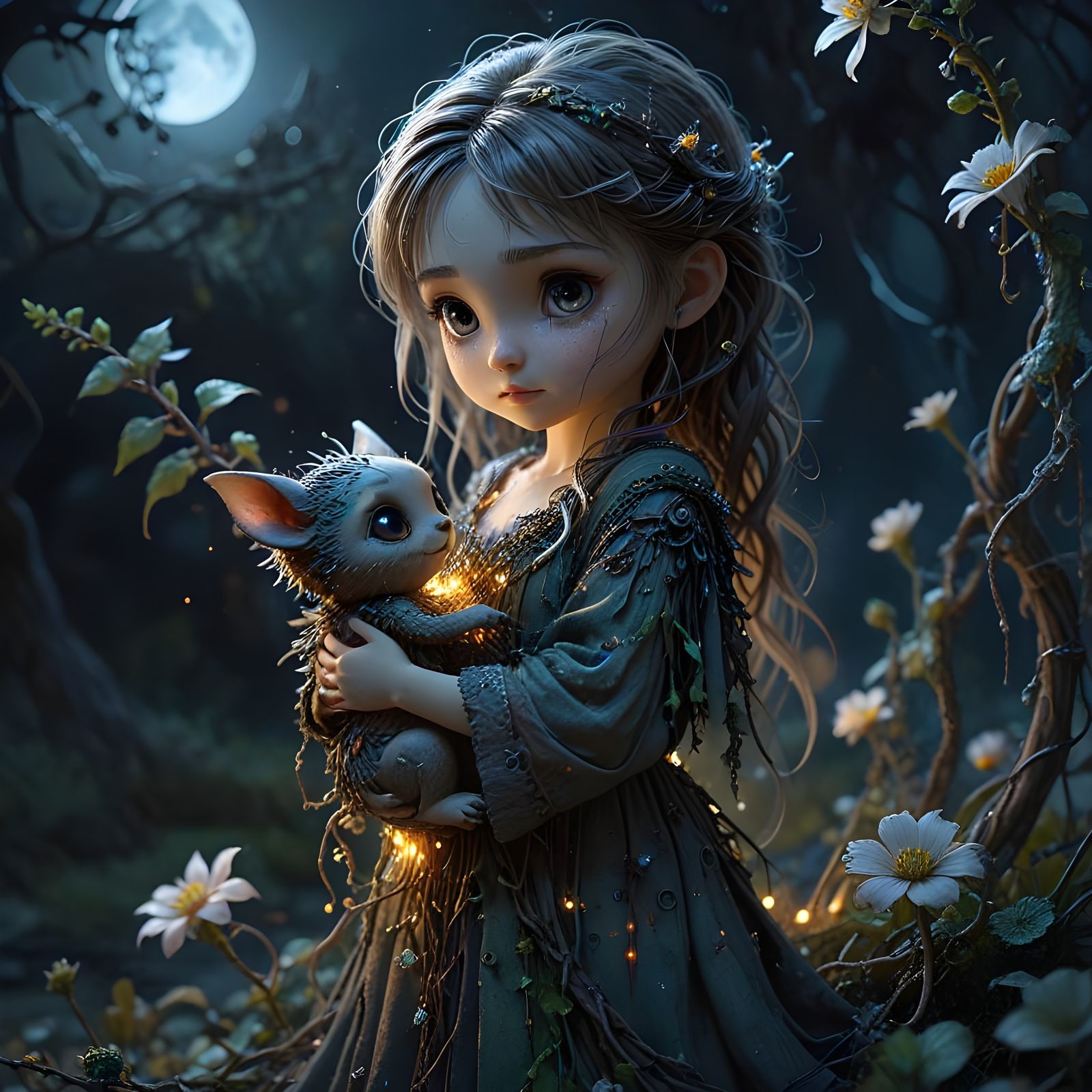 Chibi Wizard Girl With Magical Creature in Eerie Moonlight