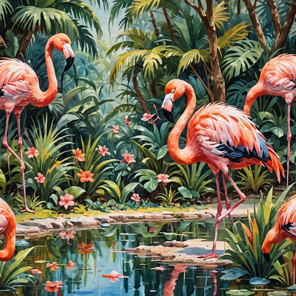 Flamingo Plays Banjo in Gouache Watercolor Style