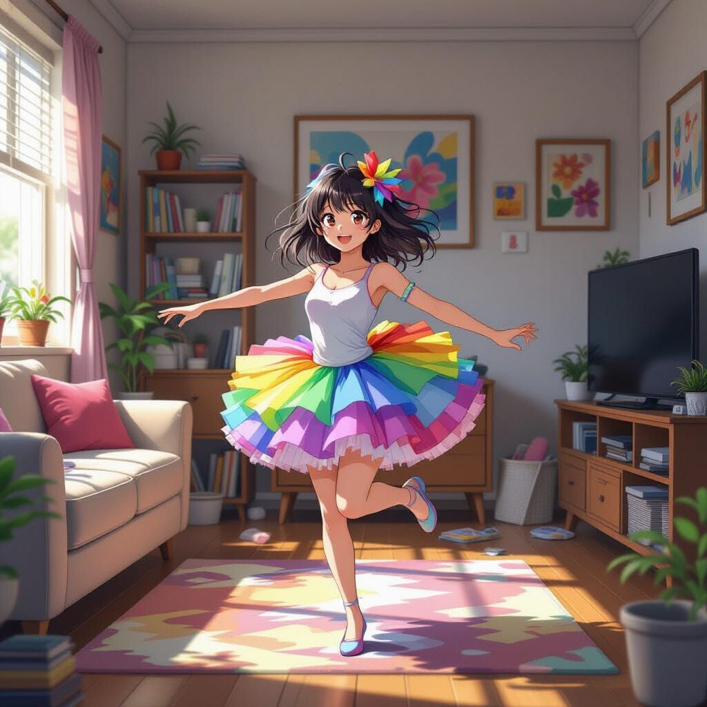 Young Woman Dancing in Rainbow Tutu, Anime Style