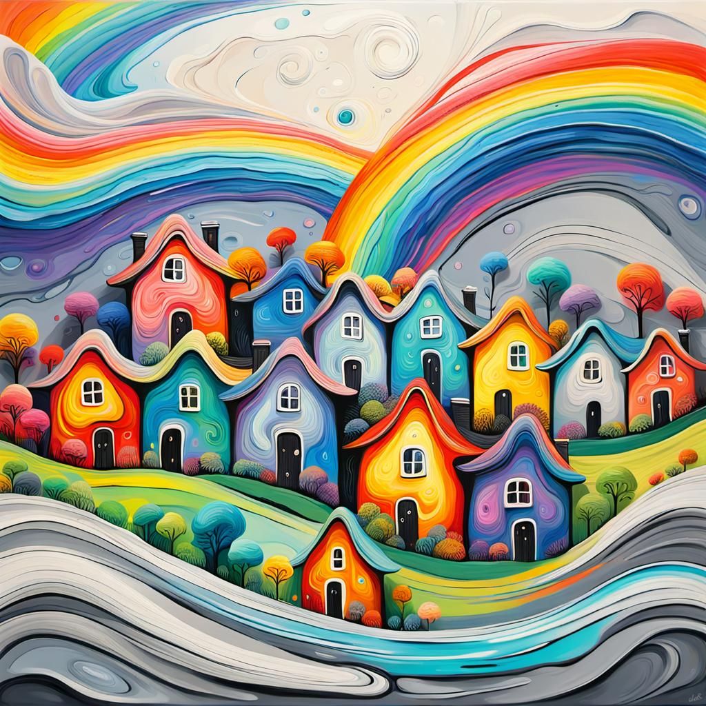 Whimsical Houses in Acrylic Paint Pouring