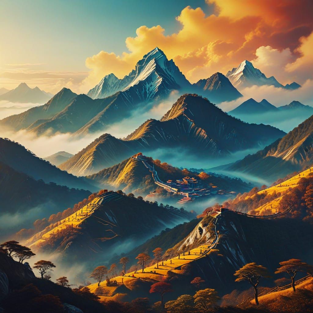 Sung Dynasty Landscape in Vibrant Triadic Colors