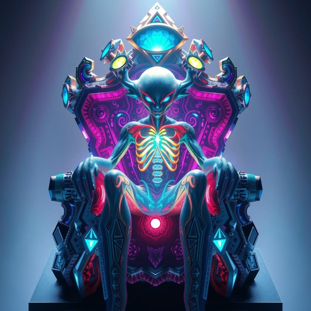 alien overlord seated on an intricate throne made of glowing crystals.