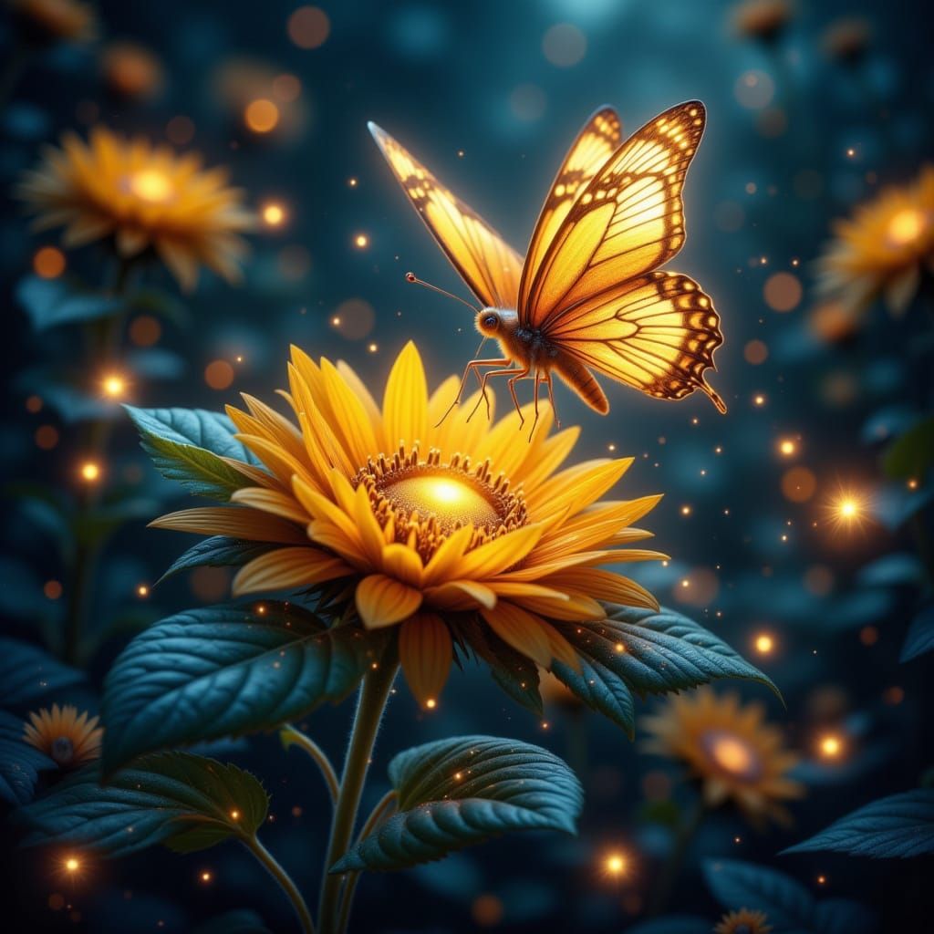 Glowing Sunflower in Enchanted Night Garden