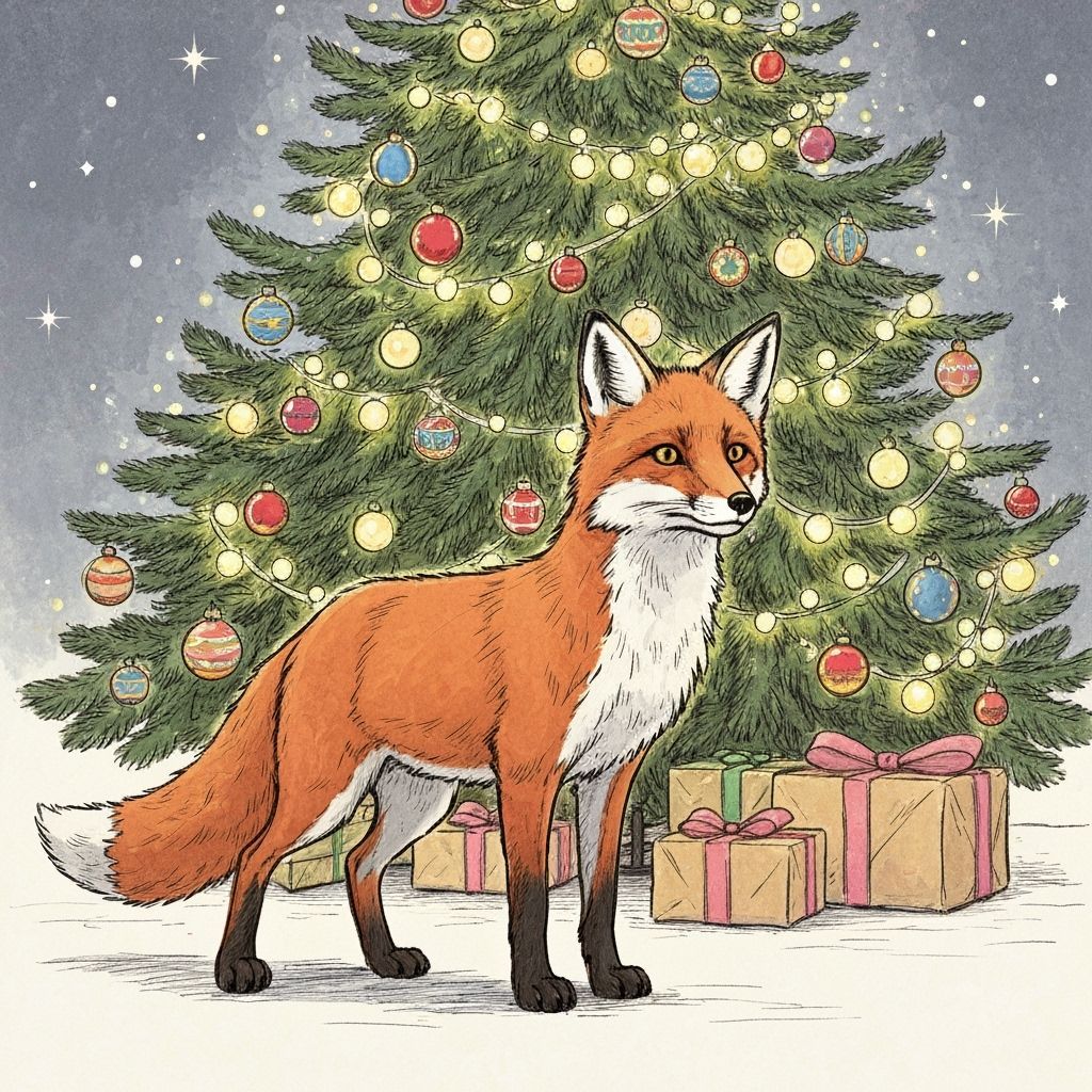 Charming Fox Before Decorated Christmas Tree Illustration