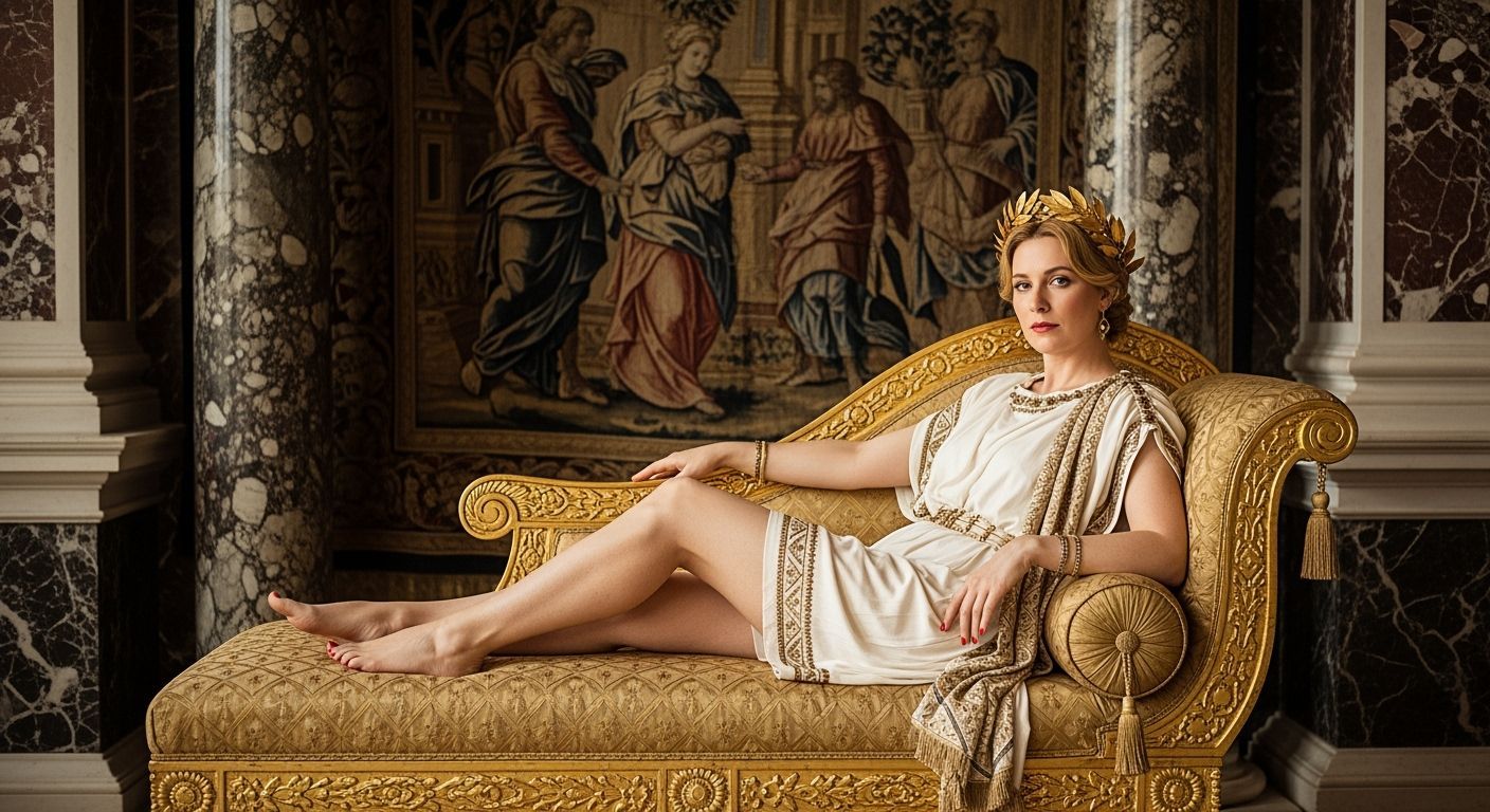 Barefoot Roman Empress Lounging on Golden Chaise Longue