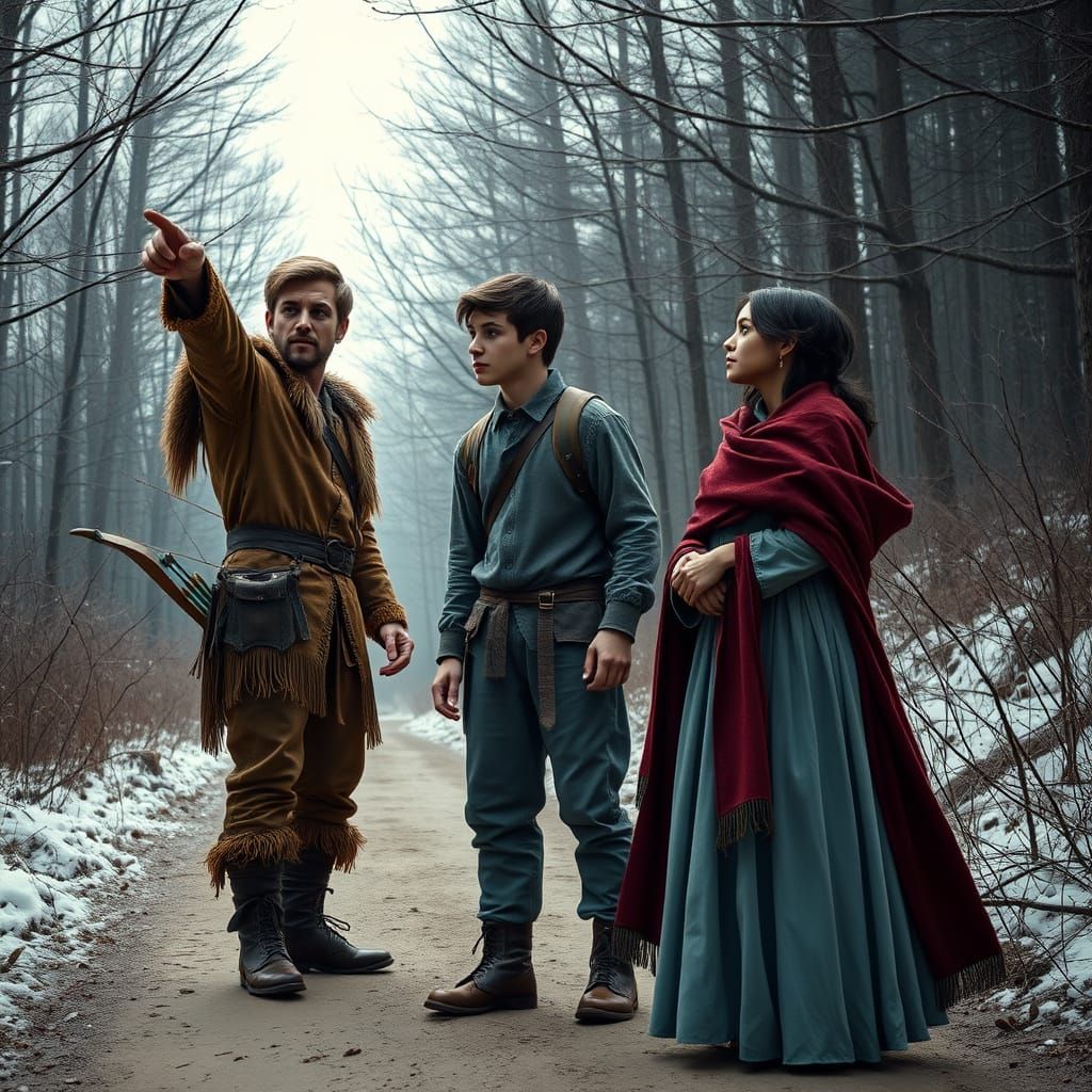 Handsome Hunter Guides Medieval Couple Through Winter Forest