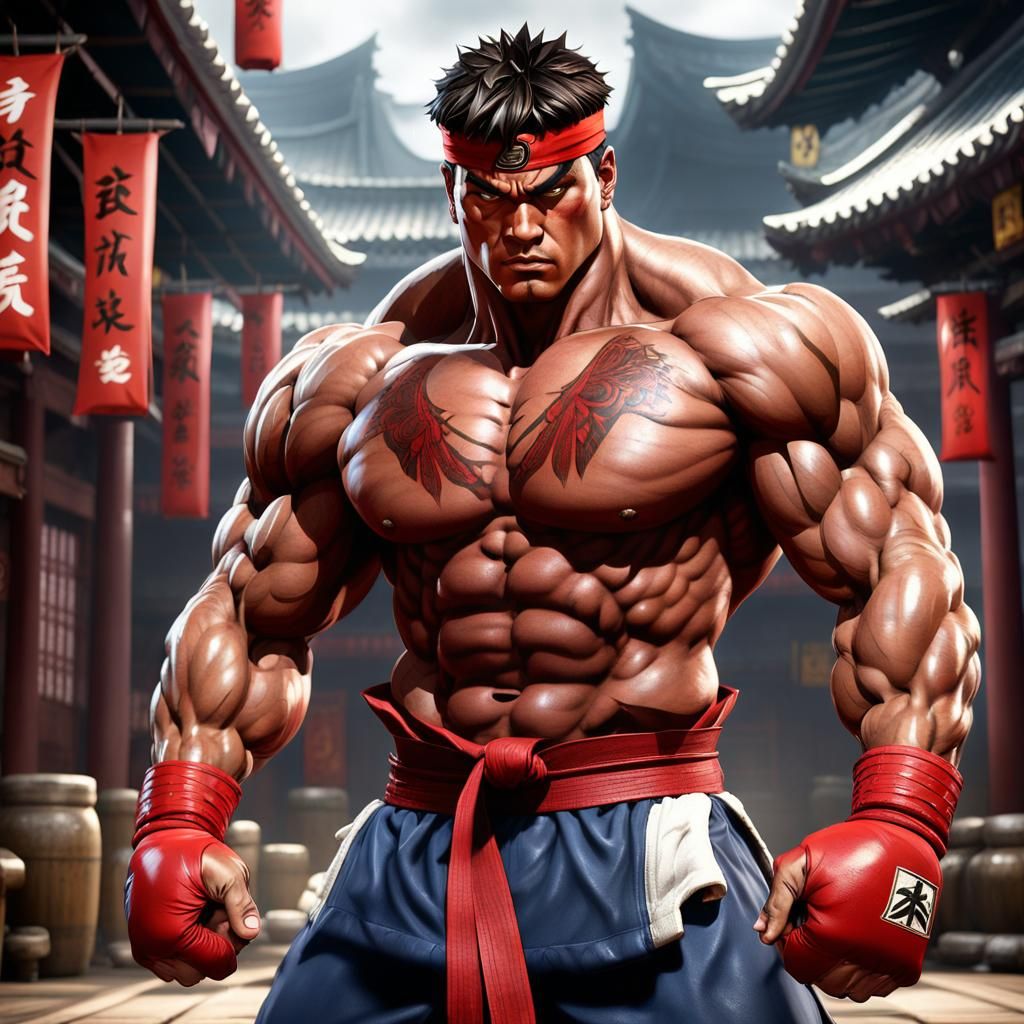 Hyperrealistic Ryu, Muscular Bodybuilder in Asian Dojo