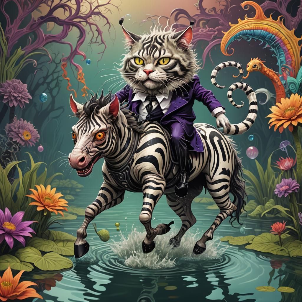Beetlejuice Cat Rides Spider Horse in Abstract World