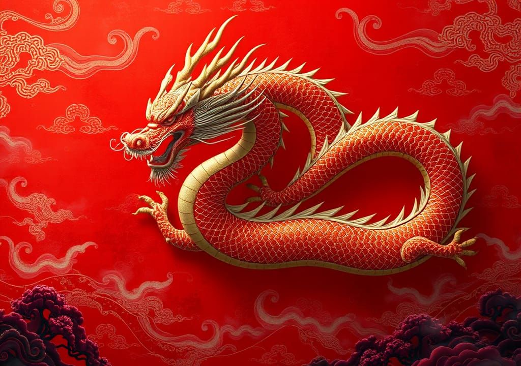 Majestic Chinese Dragon on Red Background