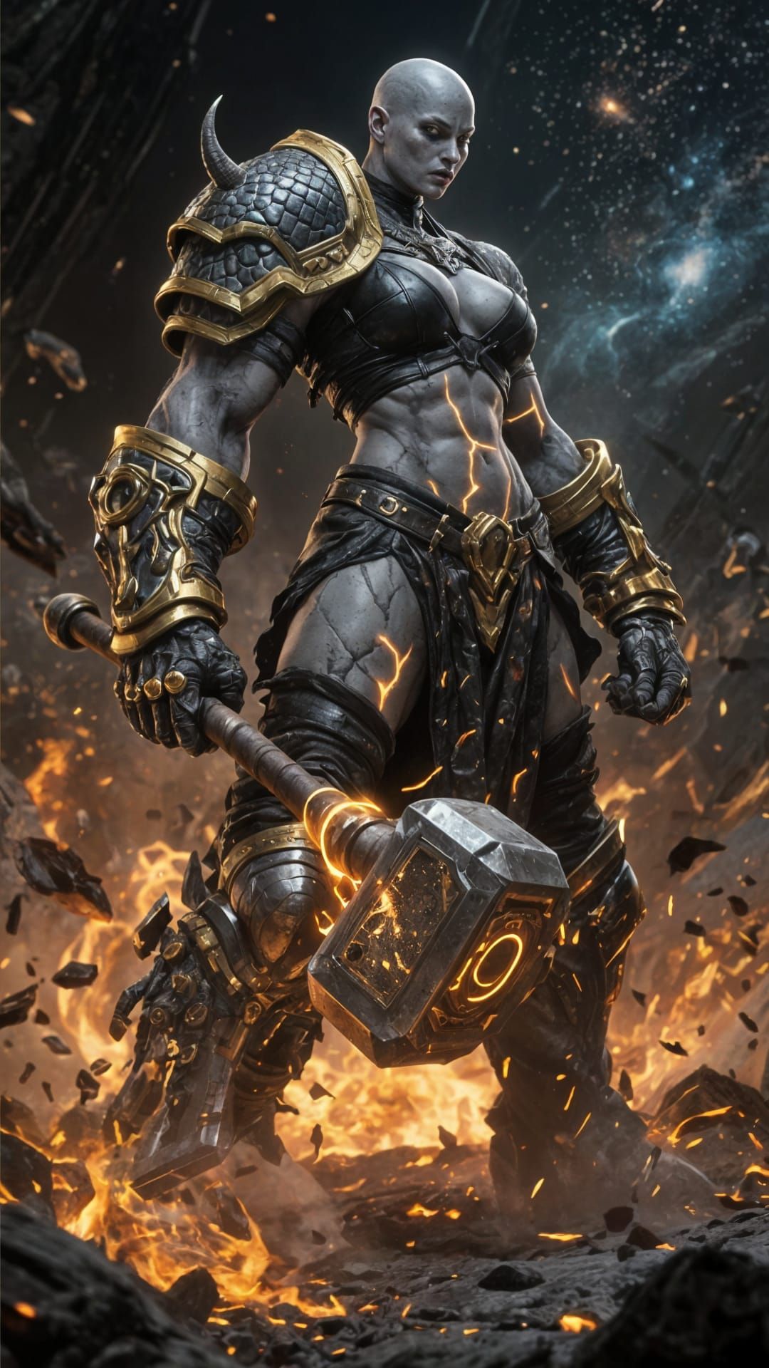 Cosmic Barbarian Woman Wielding Energy Hammer