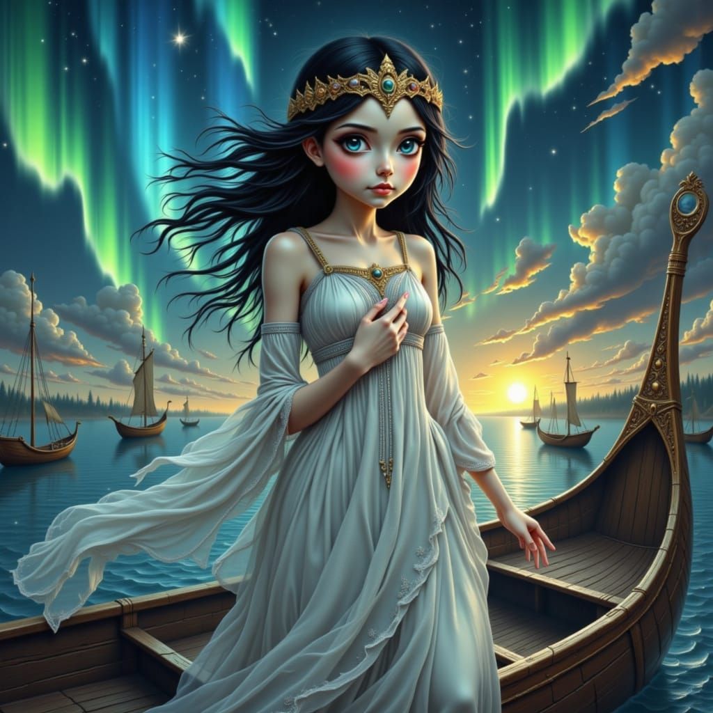 Valkyrie on Longship Amidst Aurora Borealis