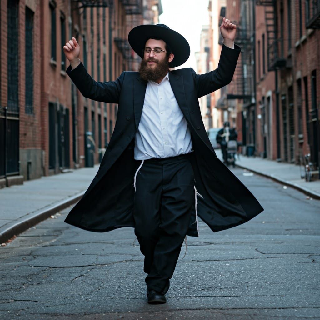 Hasidic Man Dancing Joyfully in City Street