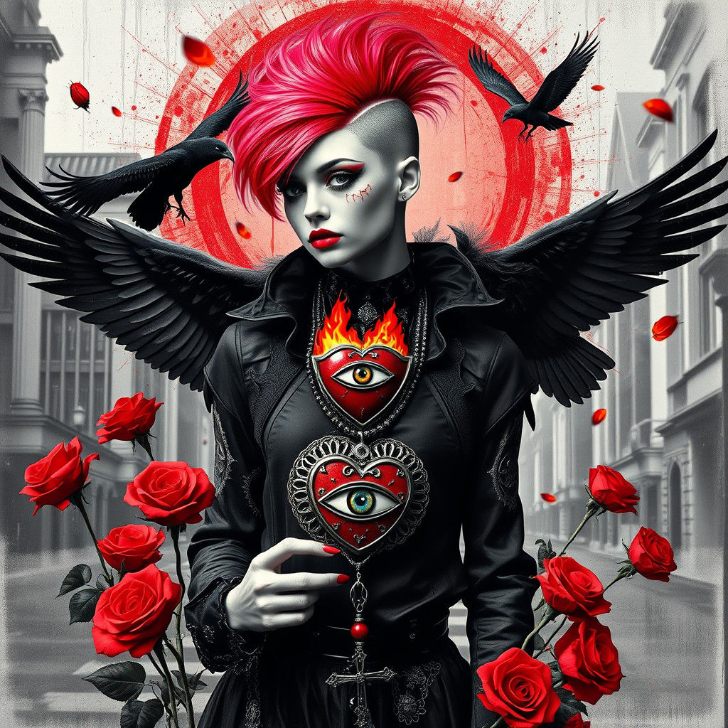 Androgynous Goth Figure with Roses in Dadaist Style