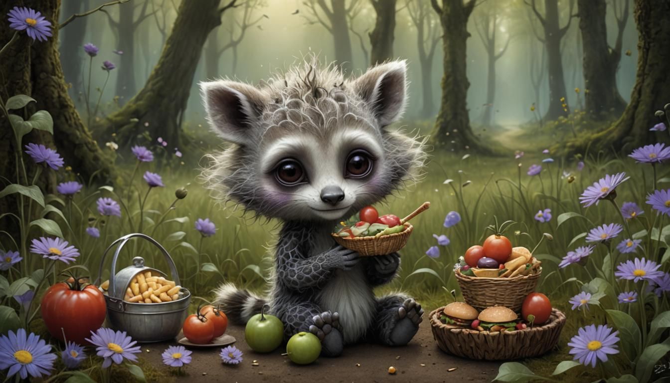 Baby Giraffe Picnic: A Surreal Illustration in 3D