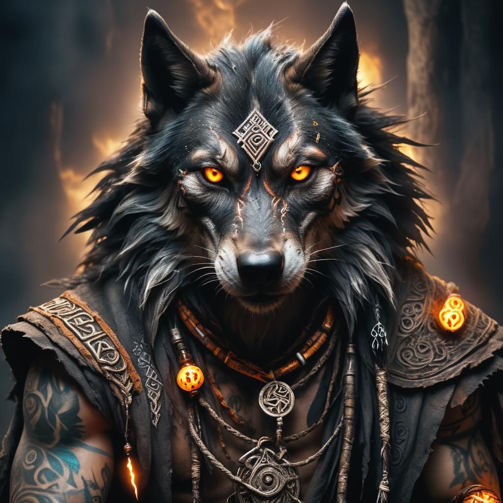 Dark Fantasy Wolf Monk Portrait with Glowing Tattoos