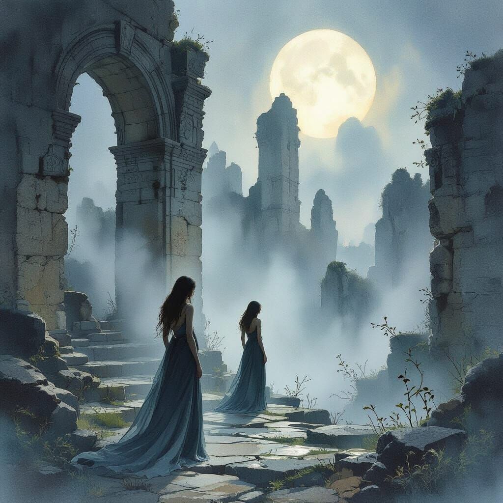 Woman at Moonlit Ancient Ruin in Watercolor Style