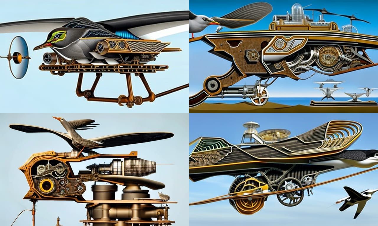 Cross section cutaway of a seagull shape spy drone