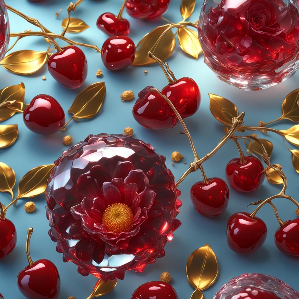 Hyperrealistic Crystal Glass with Rose, Cherries, and Sunflo...