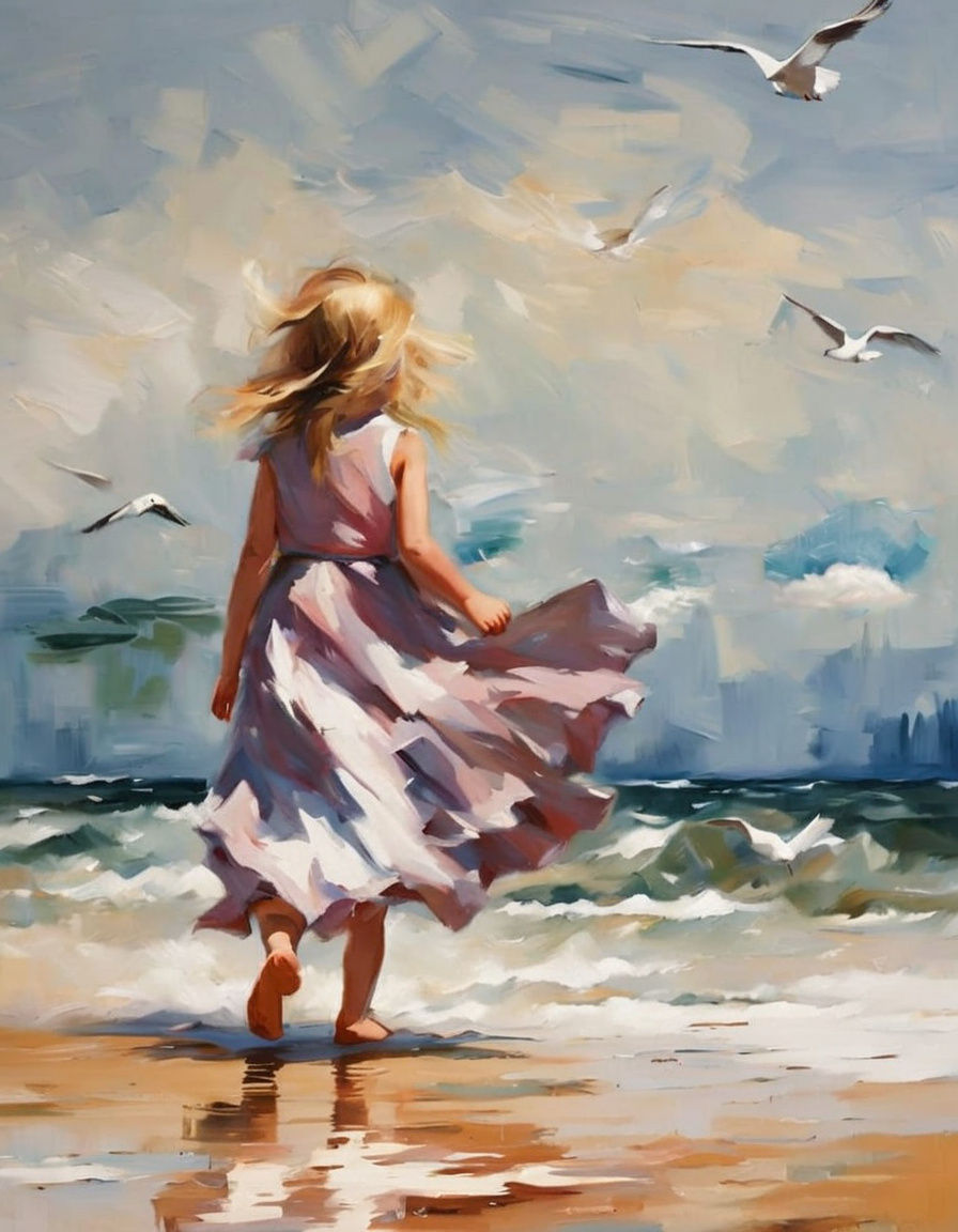 Ethereal Portrait of a Young Girl Walking on a Beach