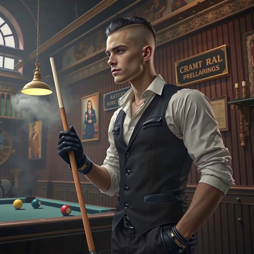 Confident Pool Player in a Smoky Billiards Club