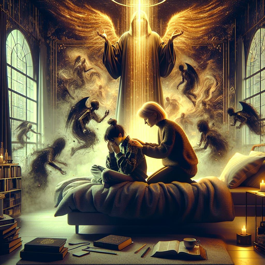 Gothic-Punk Bedroom Scene: Divine Grace and Comfort