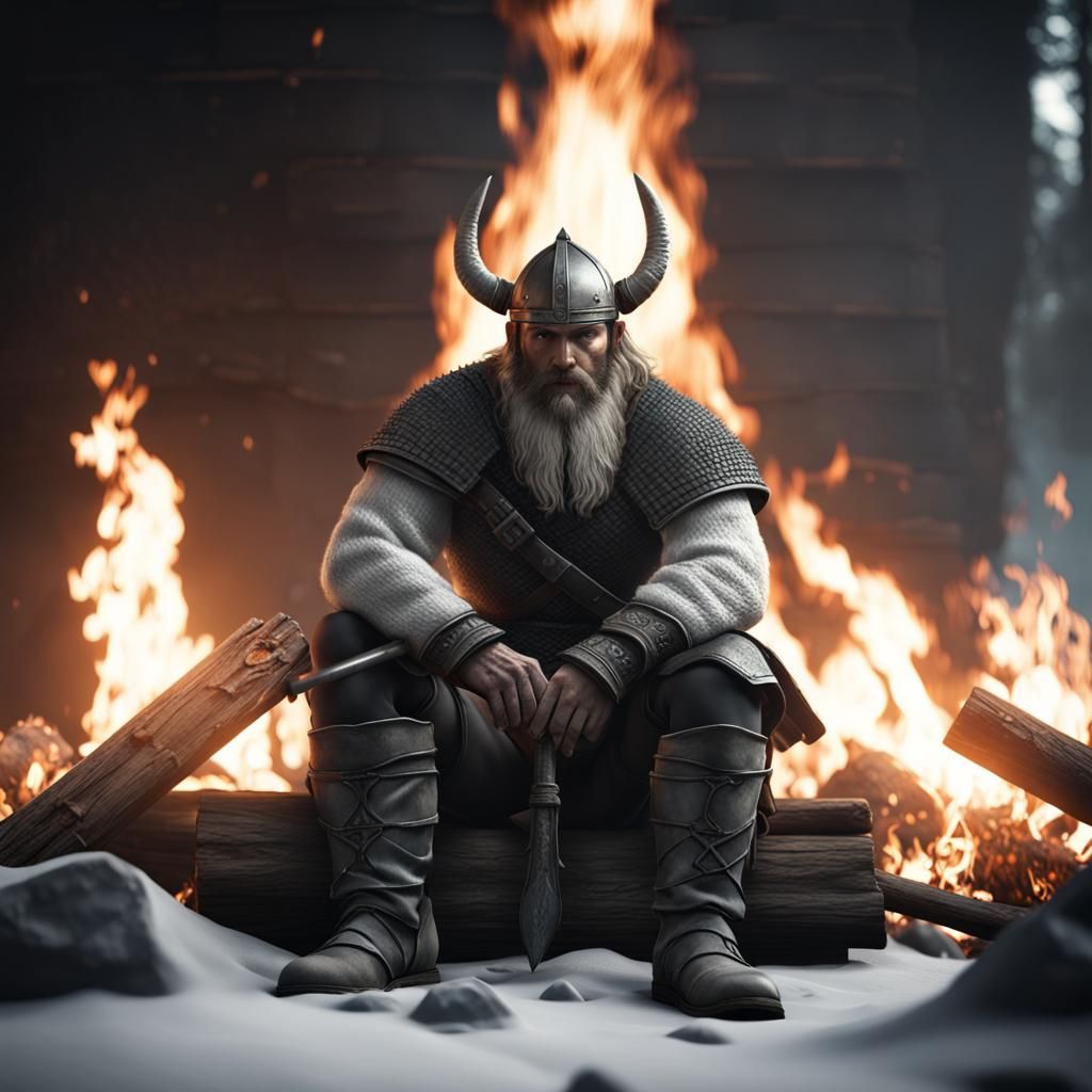 Viking at Fire: 3D Game Cinematic Image