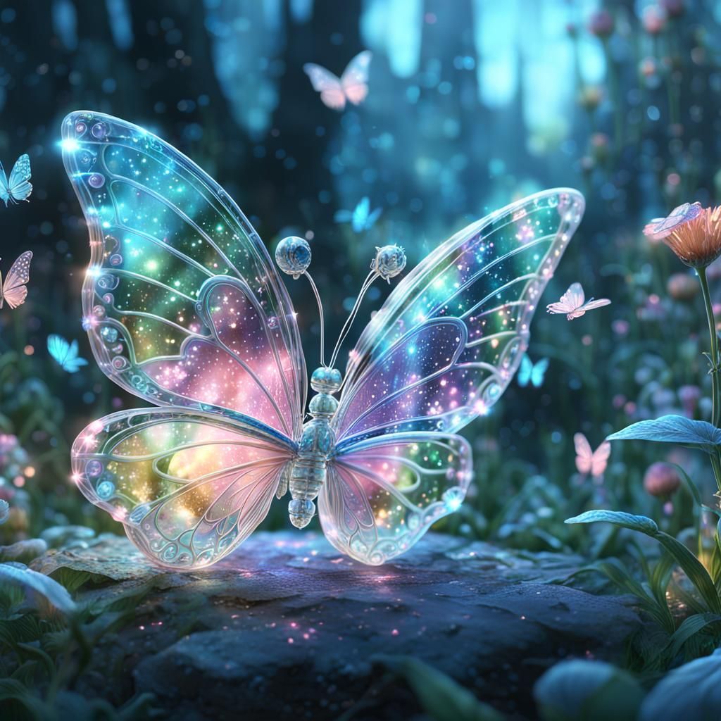 Crystal Butterfly in Enchanted Garden: Fantasy Art