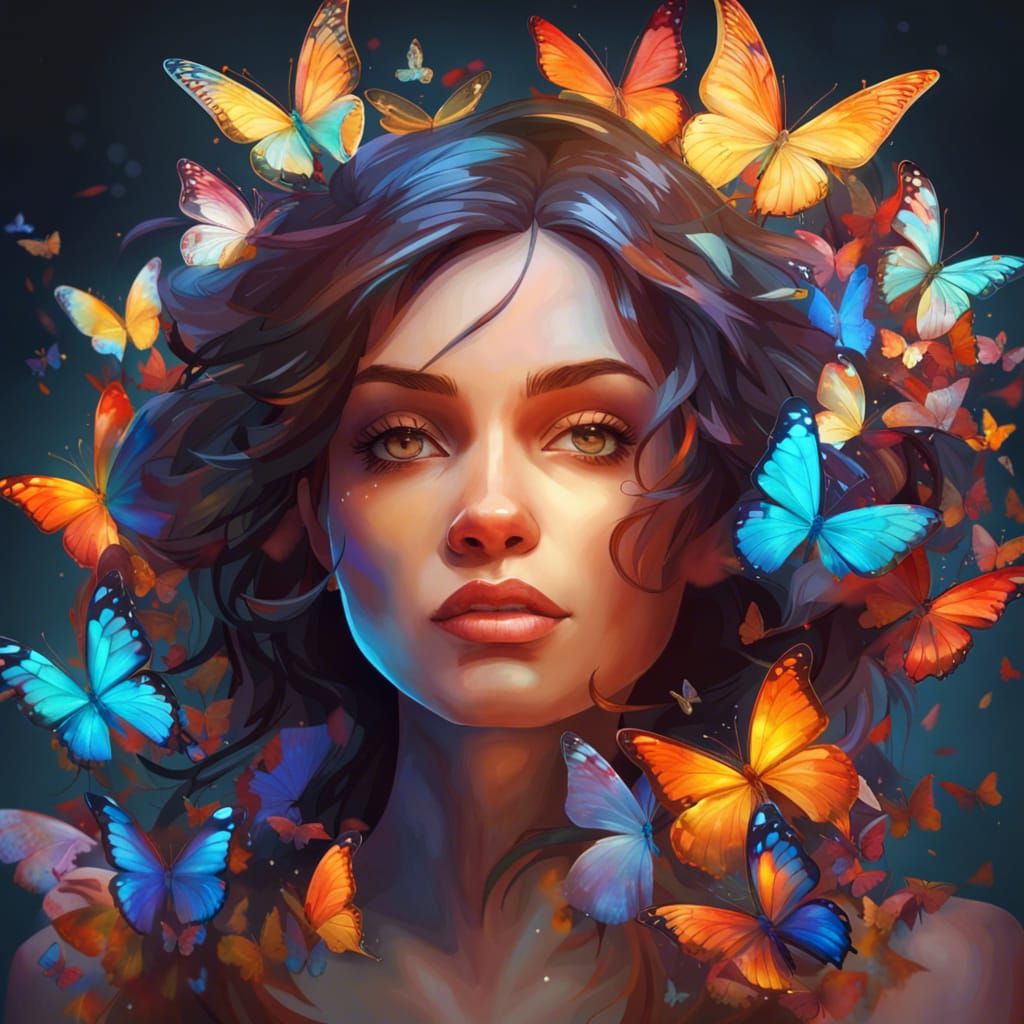 Woman Surrounded by Glowing Butterflies Portrait