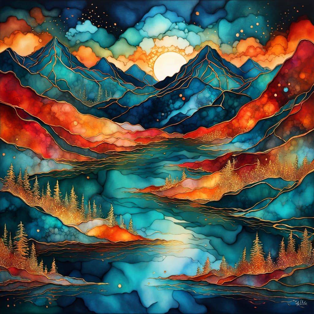 Magical Sunset Over a Serene Mountain Lake