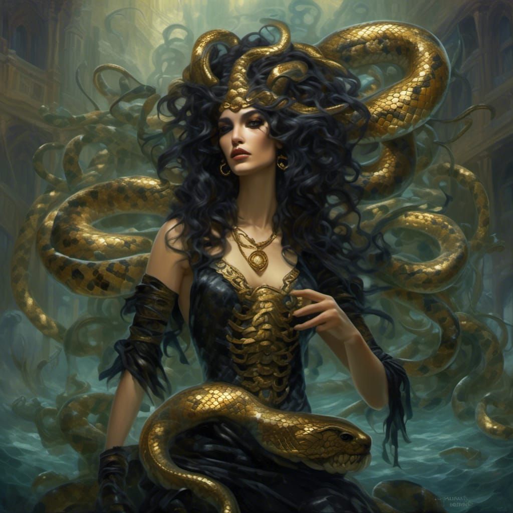 Hyperrealistic Gorgon with Snakes and Oil Slick Scales