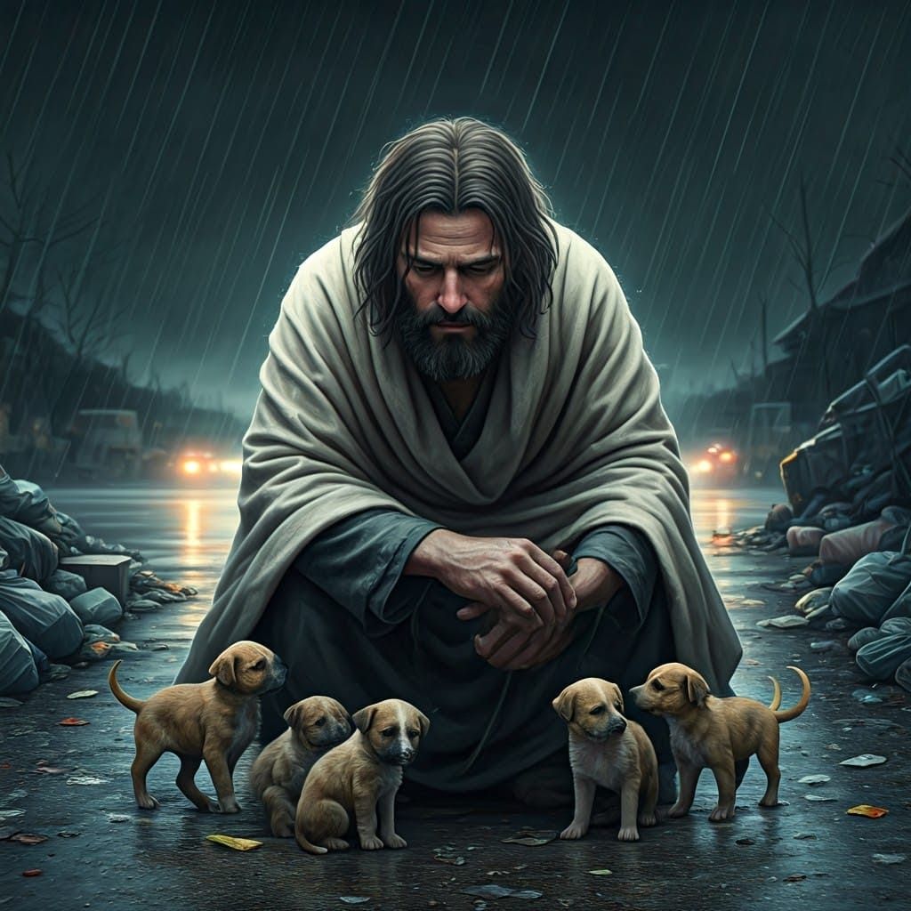 Compassionate Man with Puppies in Rainy Scene