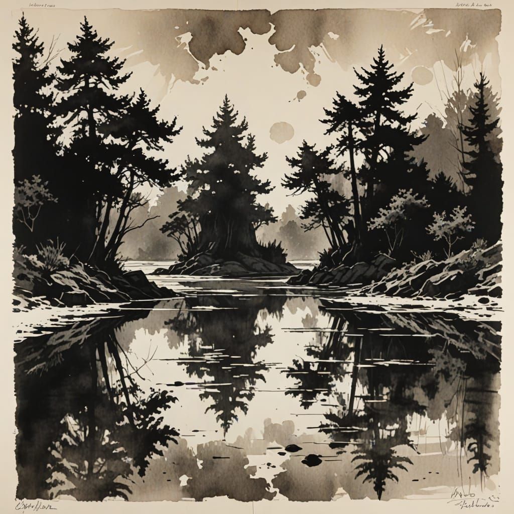 Ghostly Ink Landscape with Floating Silhouettes