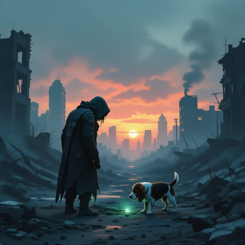 Mutated Figure Scavenges Ruined City Under Twilight Sky