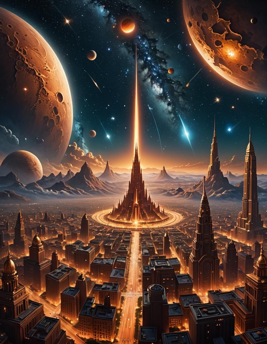 Celestial City Surrounded by Stars and Comets