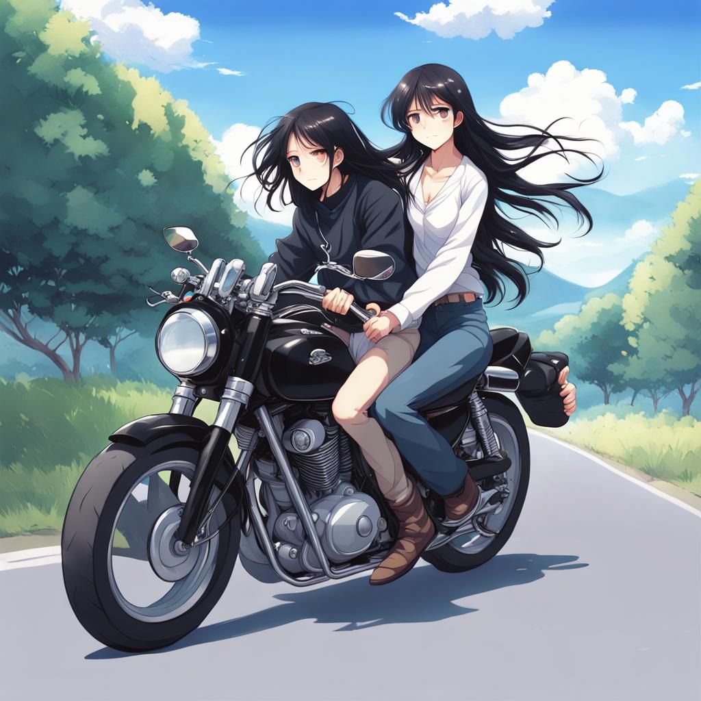 Anime Style Girl on Motorcycle with Boy