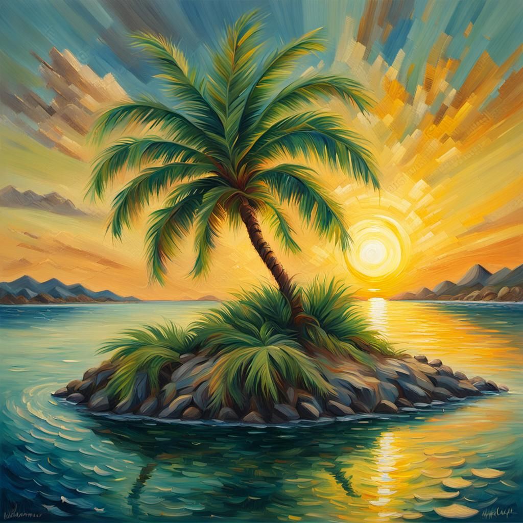Tropical Island Palm Tree Oil Painting
