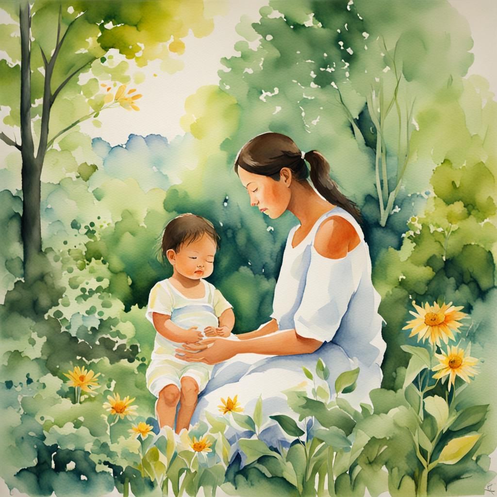 Mother and Child in Nature: Watercolor and Oil Painting