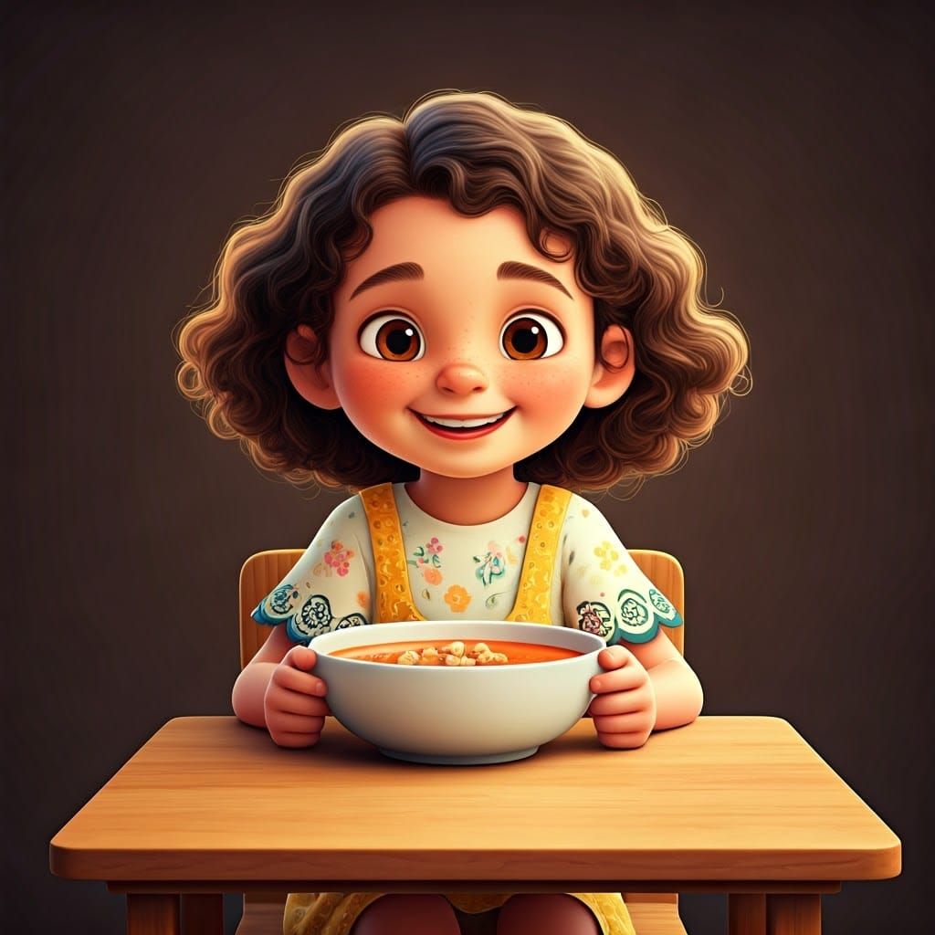 Whimsical 3D Animation of a Young Girl Enjoying Tomato Soup