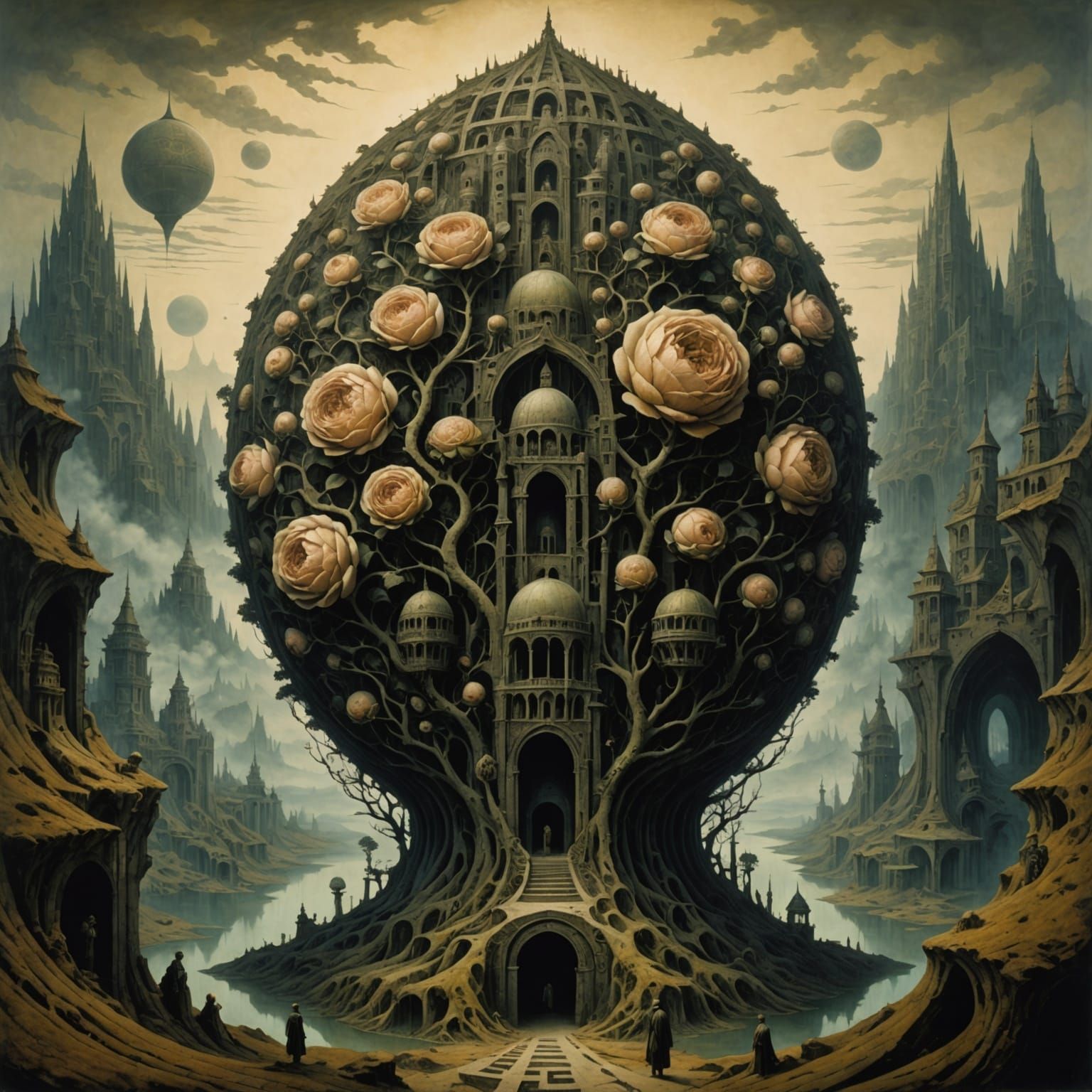 Surreal Rose Structure in Japanese Landscape