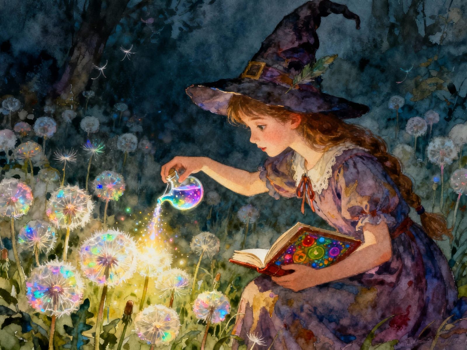 Teenage Witch Pours Luminous Potion in Watercolor Garden