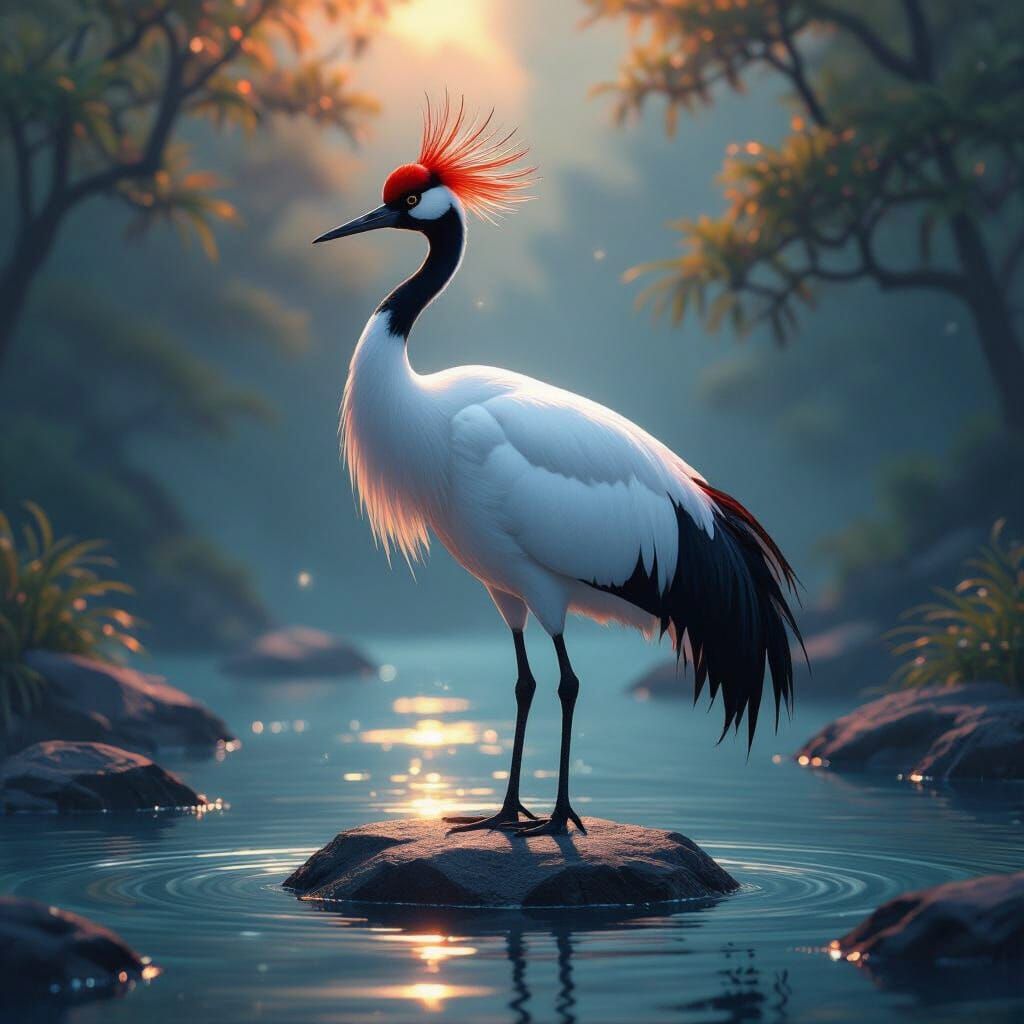 Red-Crowned Crane on Rock in Shimmering Water