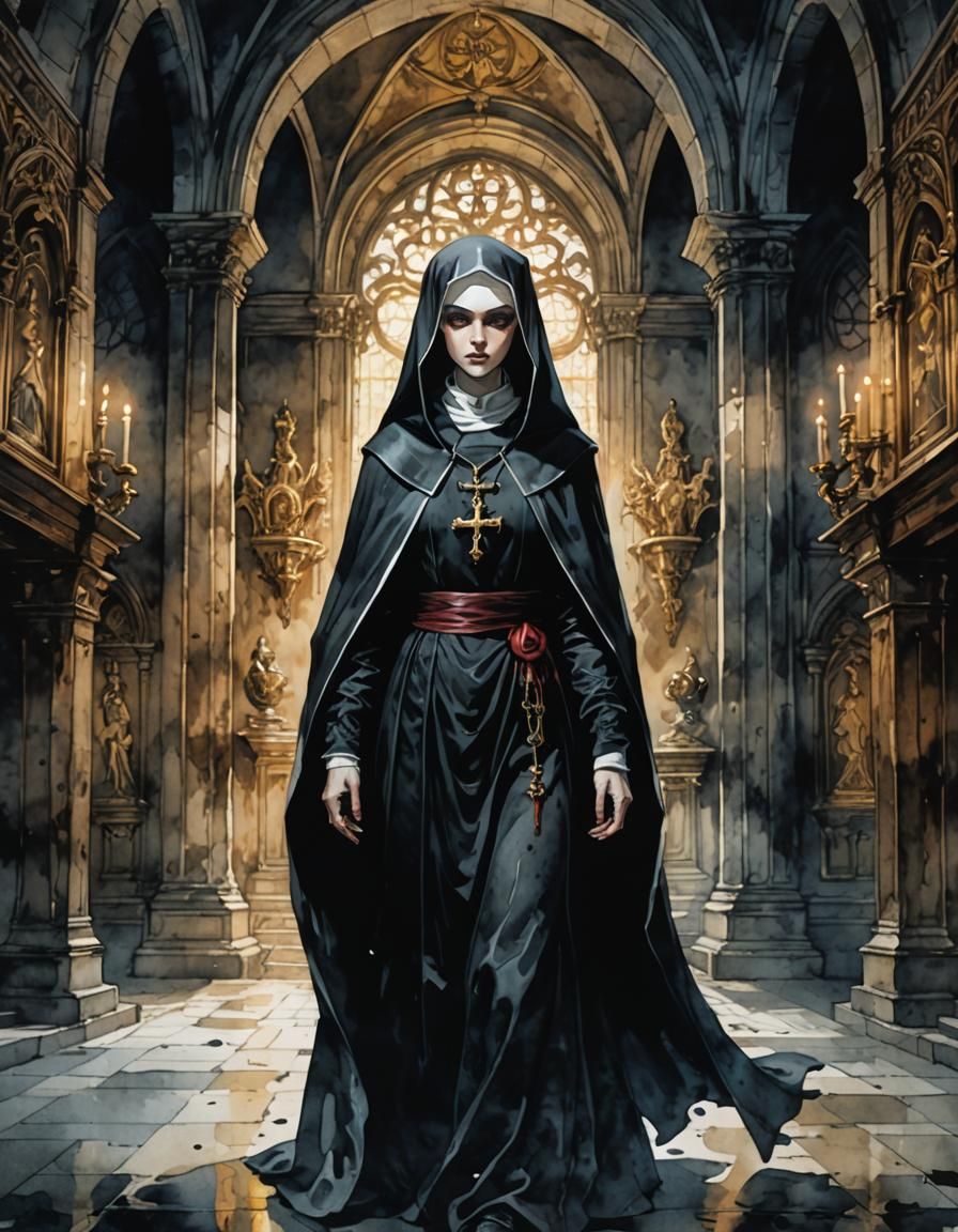 Demonic Nun in Baroque Monastery Watercolor