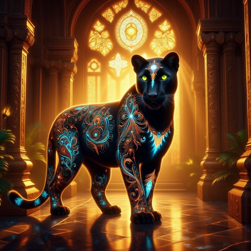 Panther with Glowing Patterns in Golden Cathedral