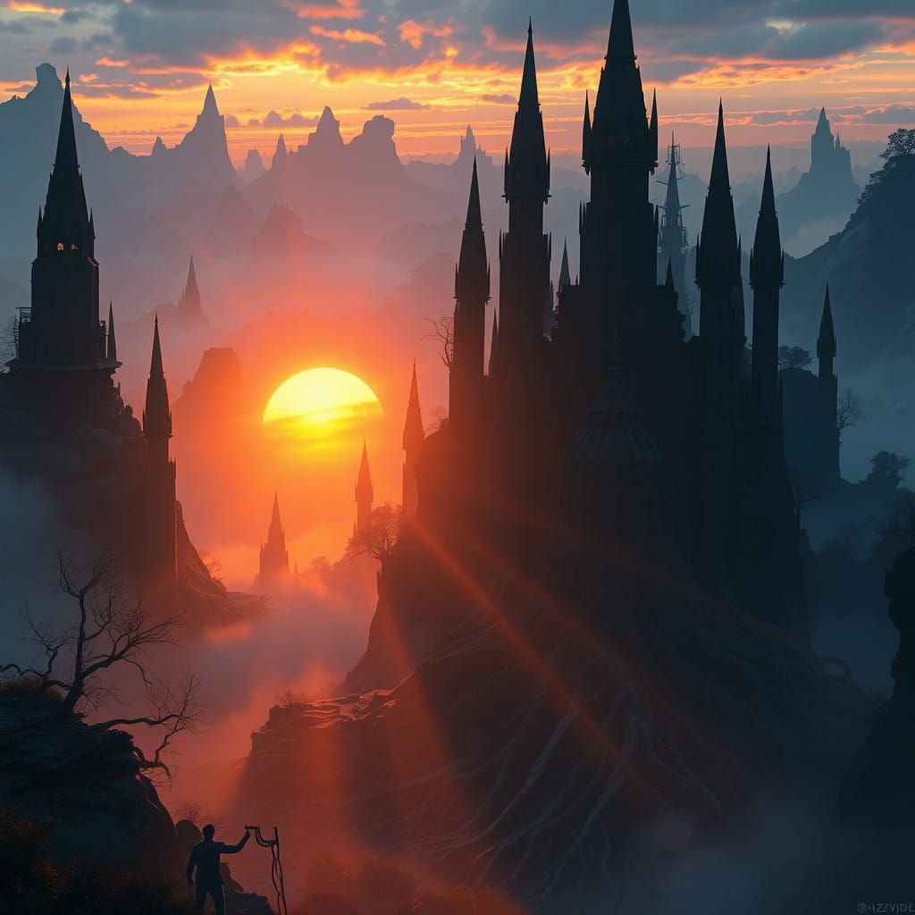 Fantasy Realm Sunrise in Vibrant Golden Light