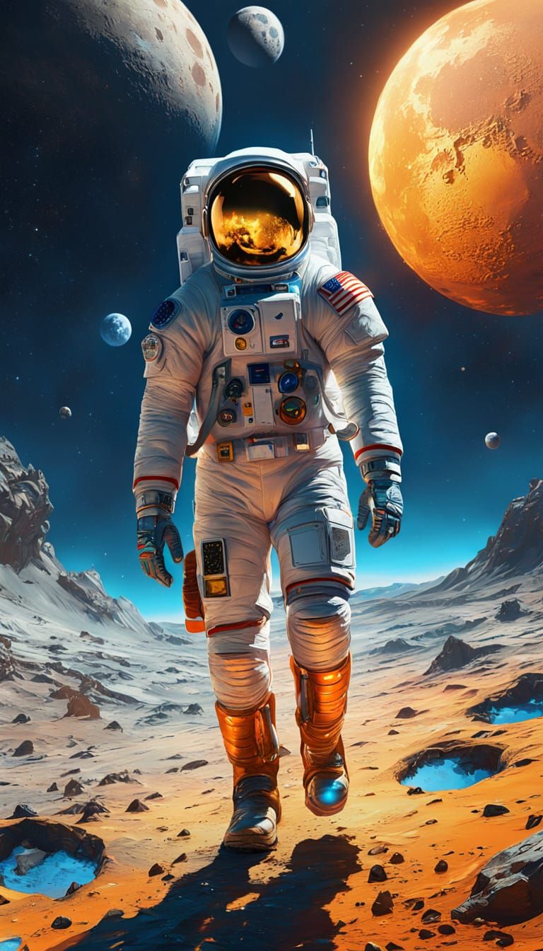 A Hyperrealistic image of an astronaut walks on the moon whe...